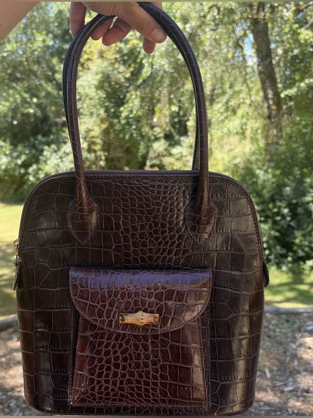 Preview Collection Vintage Brown Croc Embossed Leather Satchel Tote Bag Purse